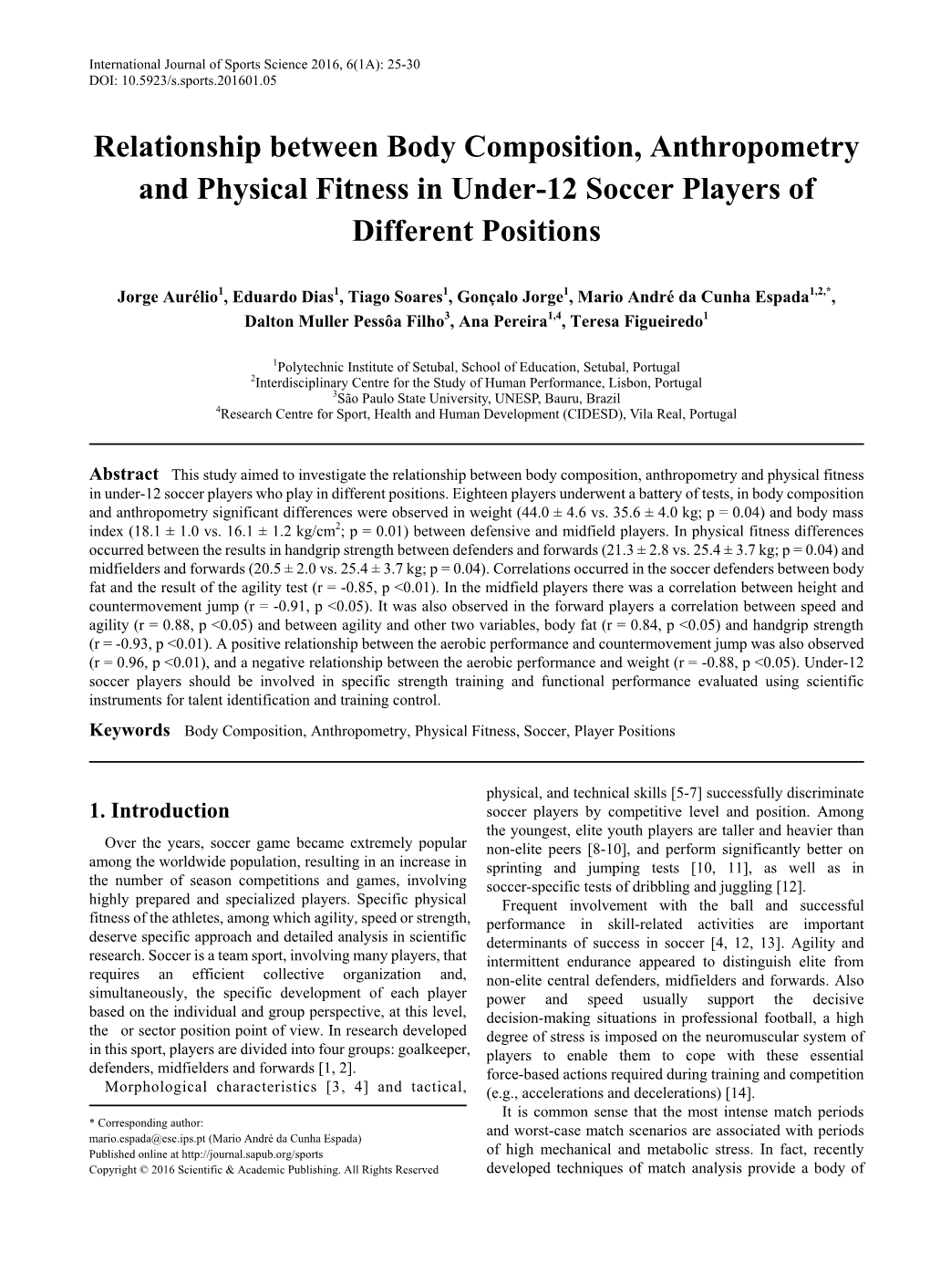 Relationship Between Body Composition, Anthropometry and Physical Fitness in Under-12 Soccer Players of Different Positions