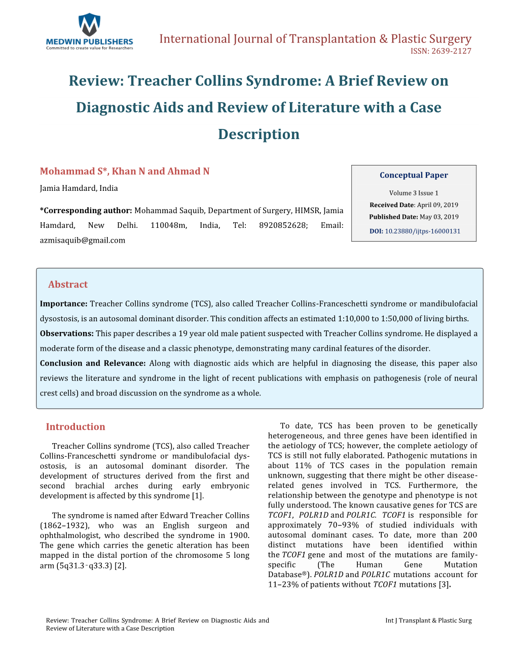 Treacher Collins Syndrome: a Brief Review on Diagnostic Aids and Review of Literature with a Case Description
