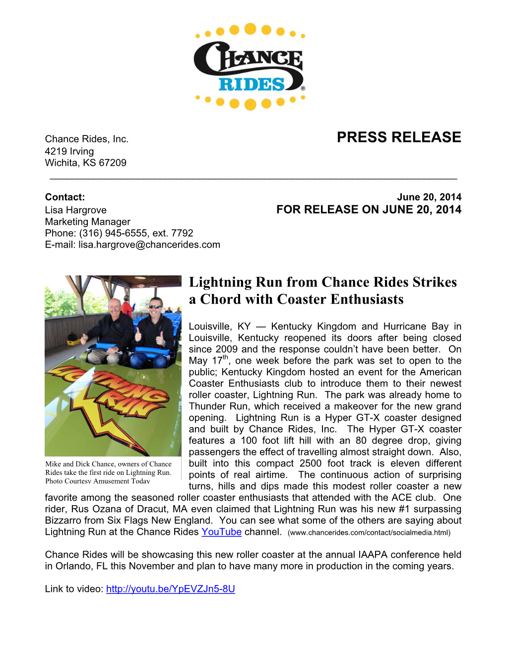 PRESS RELEASE Lightning Run from Chance Rides Strikes a Chord With
