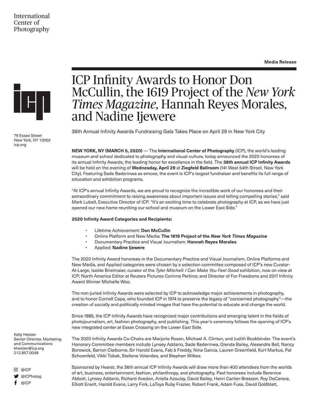 2020 Infinity Awards Press Release