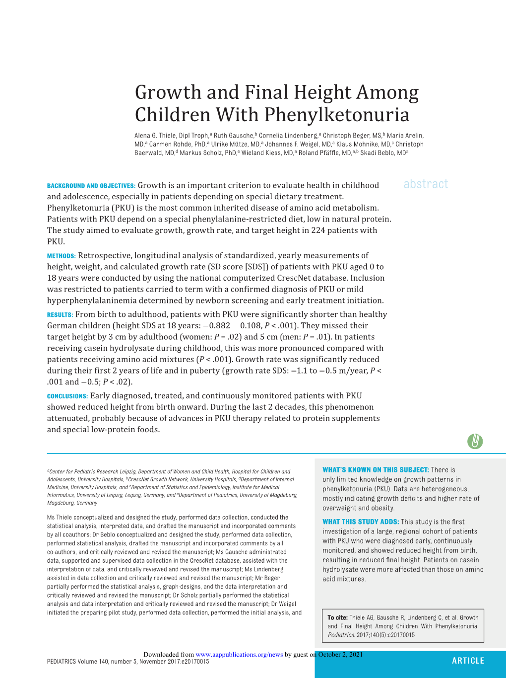 Growth and Final Height Among Children with Phenylketonuria