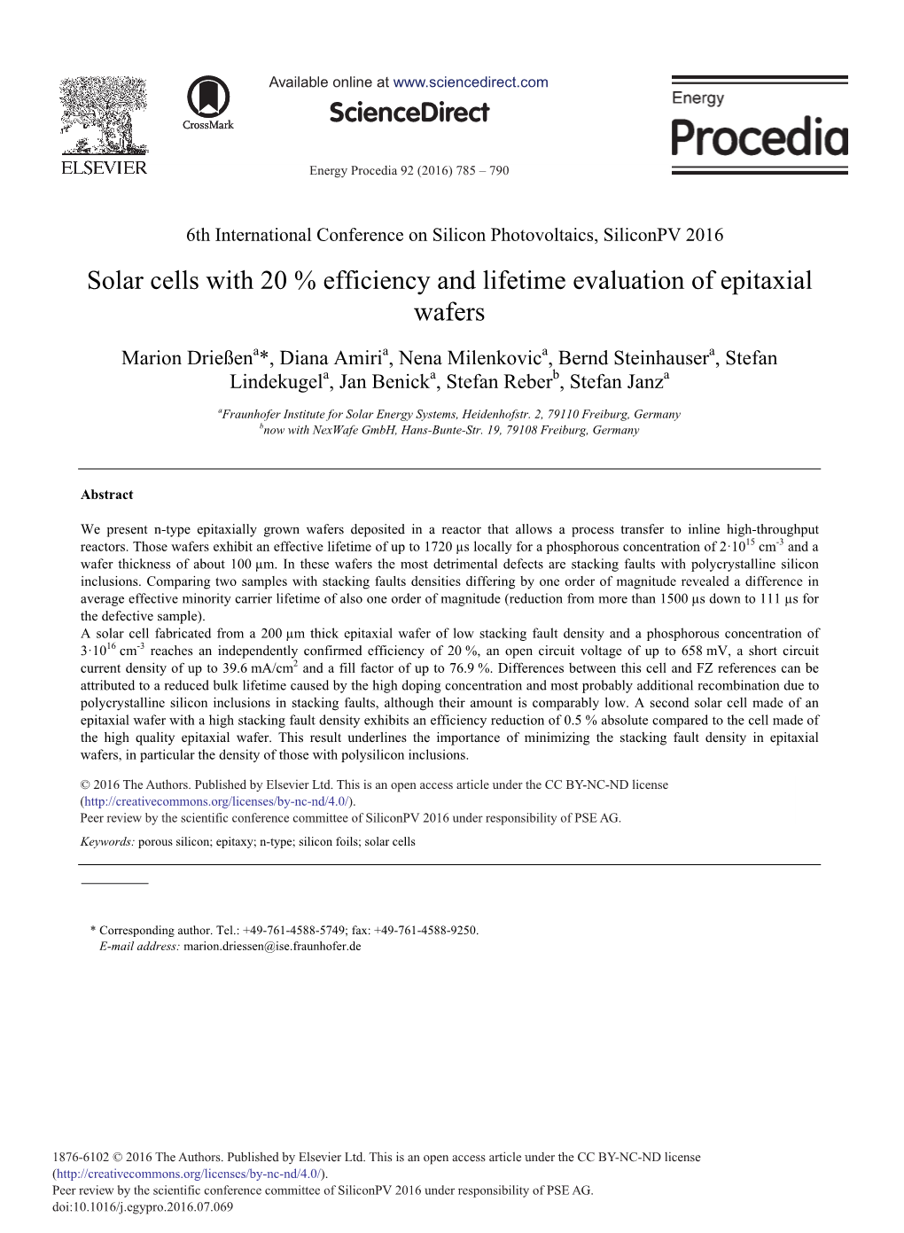 Solar Cells with 20% Efficiency and Lifetime Evaluation of Epitaxial