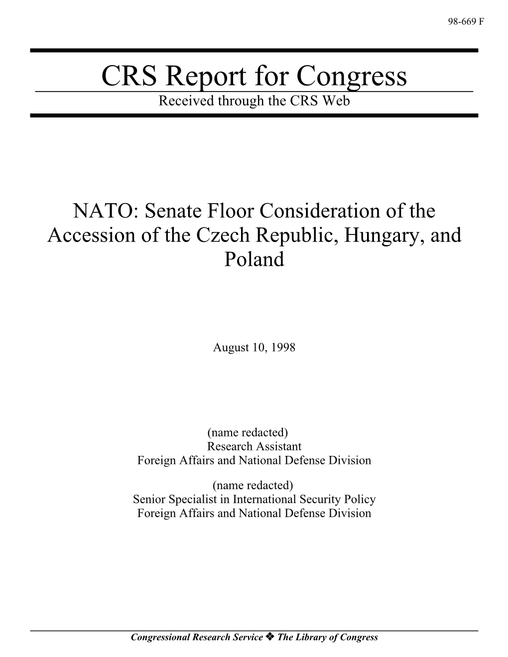 NATO: Senate Floor Consideration of the Accession of the Czech Republic, Hungary, and Poland