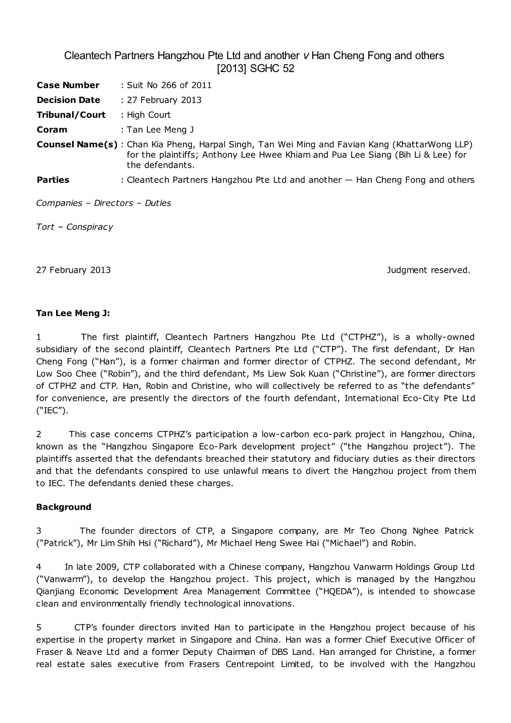 Cleantech Partners Hangzhou Pte Ltd and Another V Han Cheng Fong