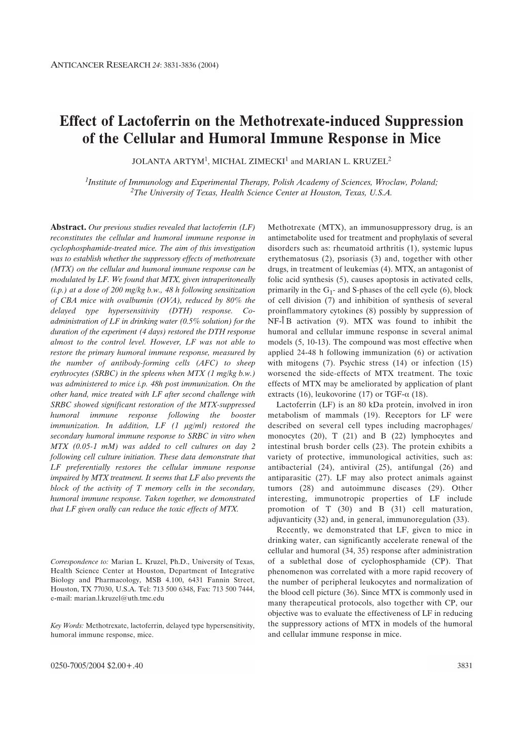 Effect of Lactoferrin on the Methotrexate-Induced Suppression of the Cellular and Humoral Immune Response in Mice