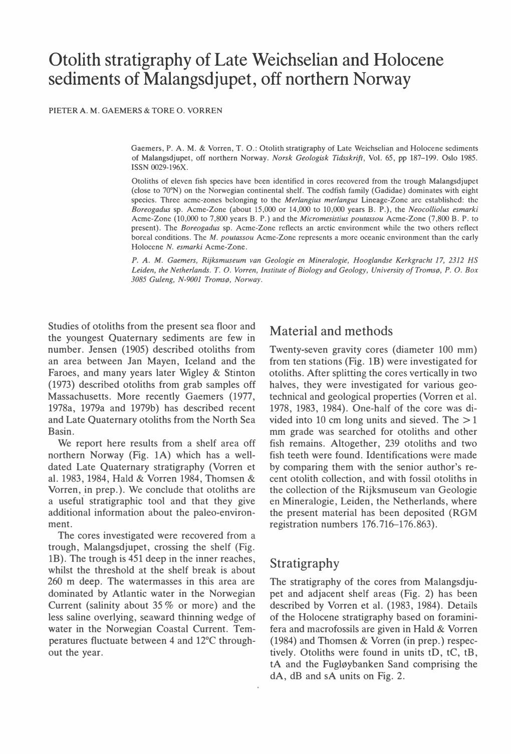 Otolith Stratigraphy of Late Weichselian and Holocene Sediments of Malangsdjupet, Off Northem Norway