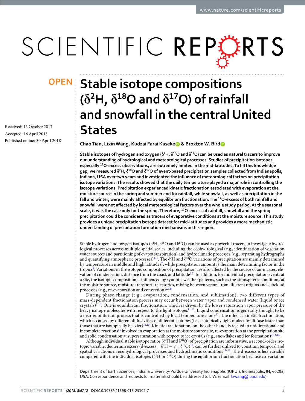 (Δ2h, Δ18o and Δ17o) of Rainfall and Snowfall in the Central United States