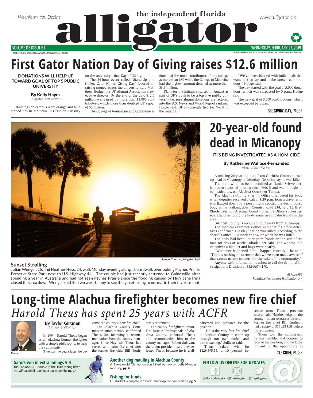 First Gator Nation Day of Giving Raises $12.6 Million DONATIONS WILL HELP UF for the University’S ﬁ Rst Day of Giving