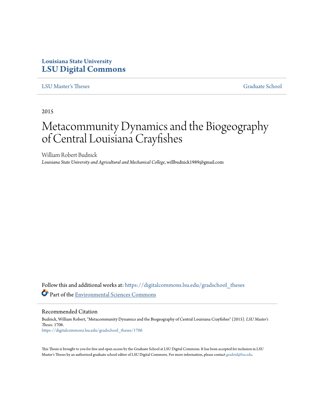 Metacommunity Dynamics and the Biogeography of Central Louisiana