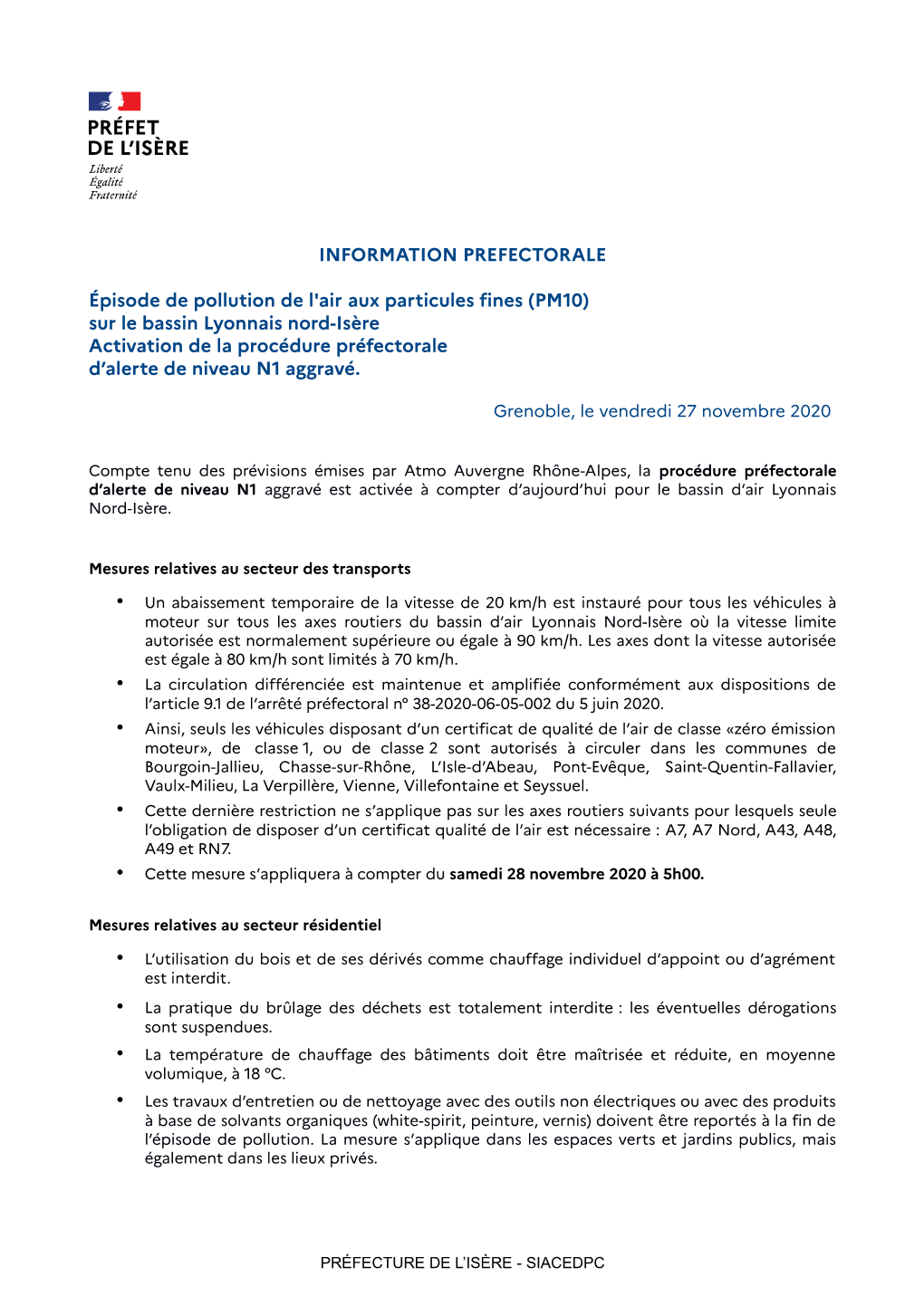 Sur Le Bassin Lyonnais Nord-Isère Activation De La Procédure Préfectorale D’Alerte De Niveau N1 Aggravé