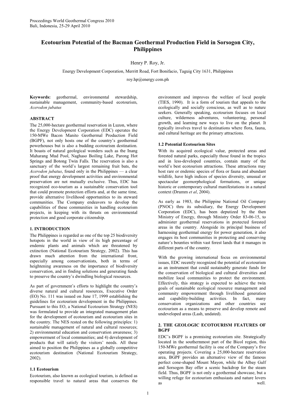 Ecotourism Potential of the Bacman Geothermal Production Field in Sorsogon City, Philippines