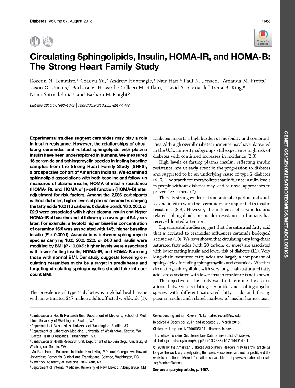 Circulating Sphingolipids, Insulin, HOMA-IR, and HOMA-B: the Strong Heart Family Study