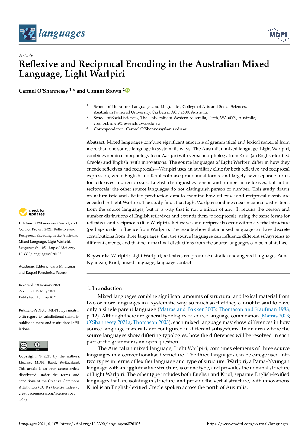 Reflexive and Reciprocal Encoding in the Australian Mixed Language, Light Warlpiri