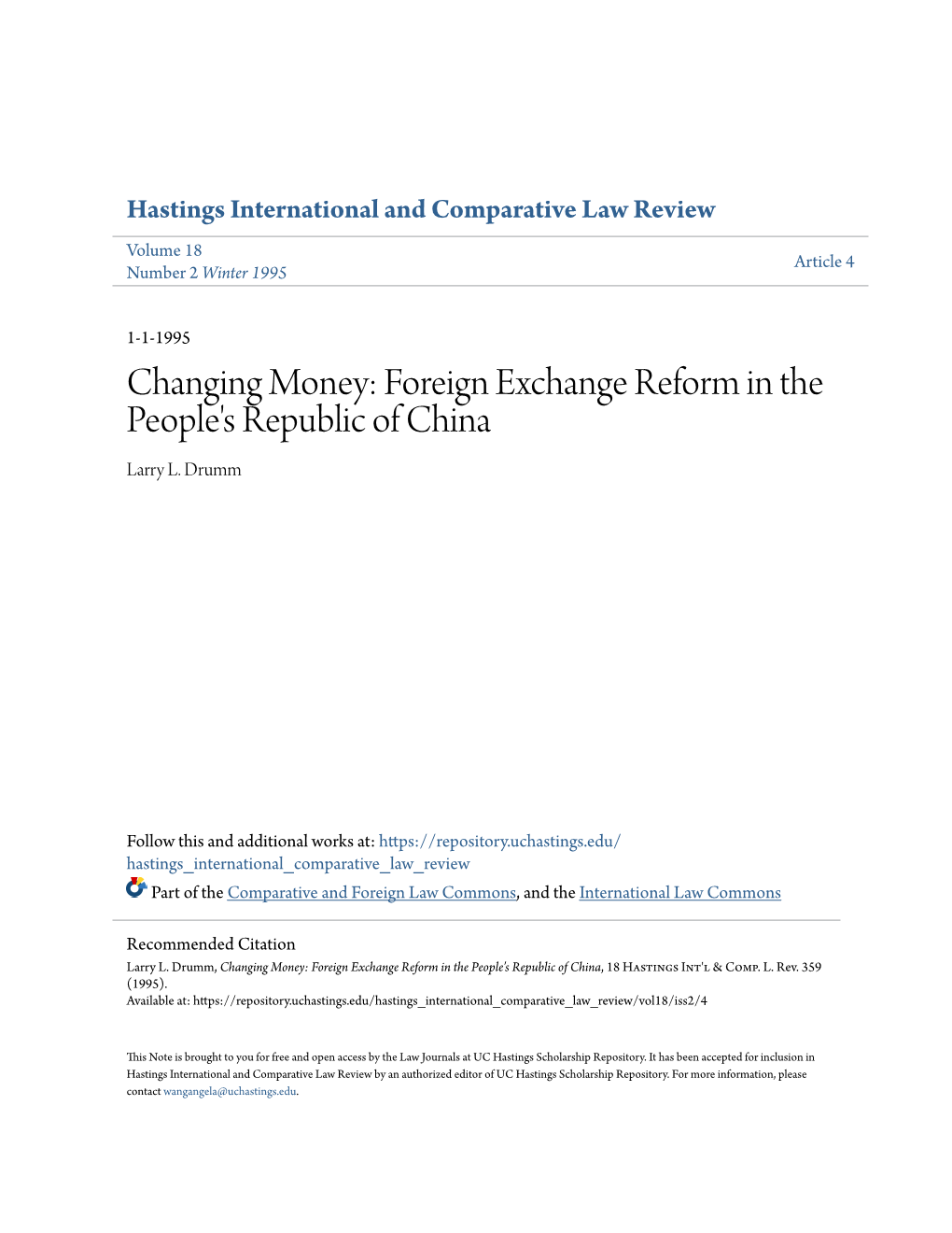 Foreign Exchange Reform in the People's Republic of China Larry L