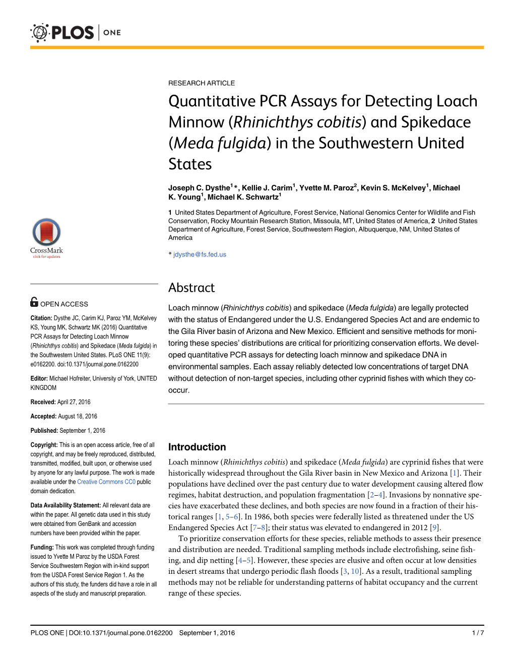 Quantitative PCR Assays for Detecting Loach Minnow (Rhinichthys Cobitis) and Spikedace (Meda Fulgida) in the Southwestern United States