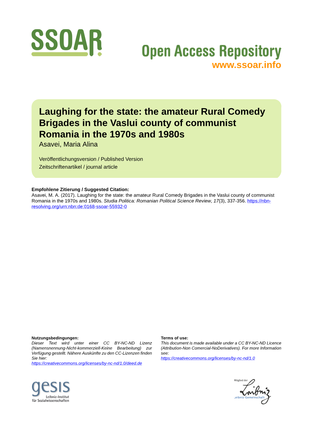 The Amateur Rural Comedy Brigades in the Vaslui County of Communist Romania in the 1970S and 1980S Asavei, Maria Alina