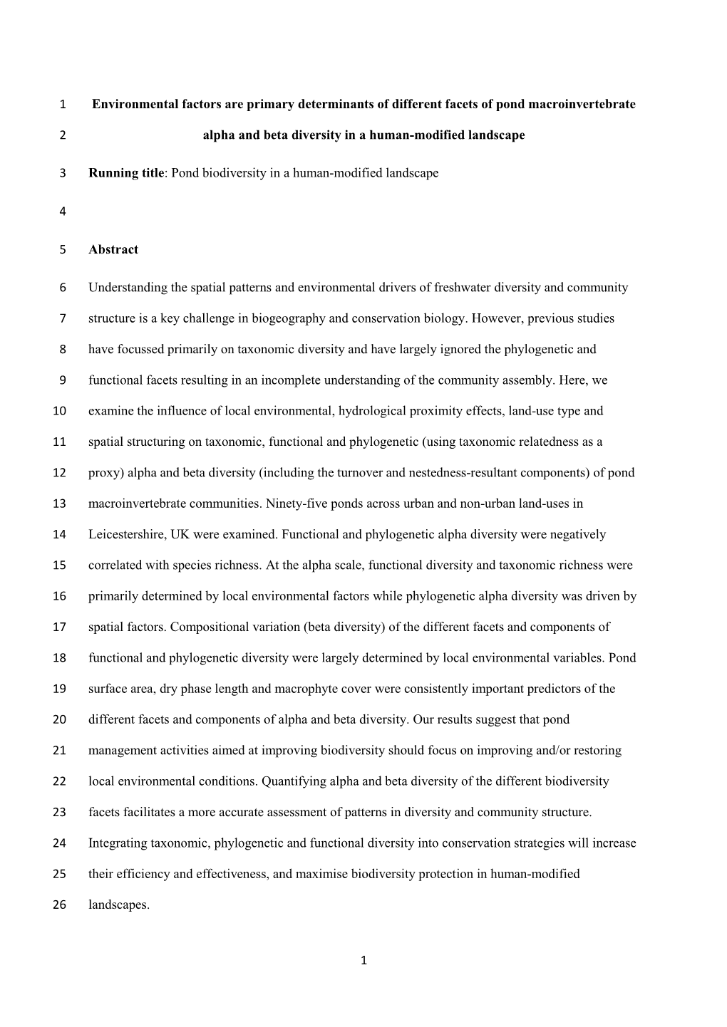 1 Environmental Factors Are Primary Determinants of Different Facets of Pond Macroinvertebrate