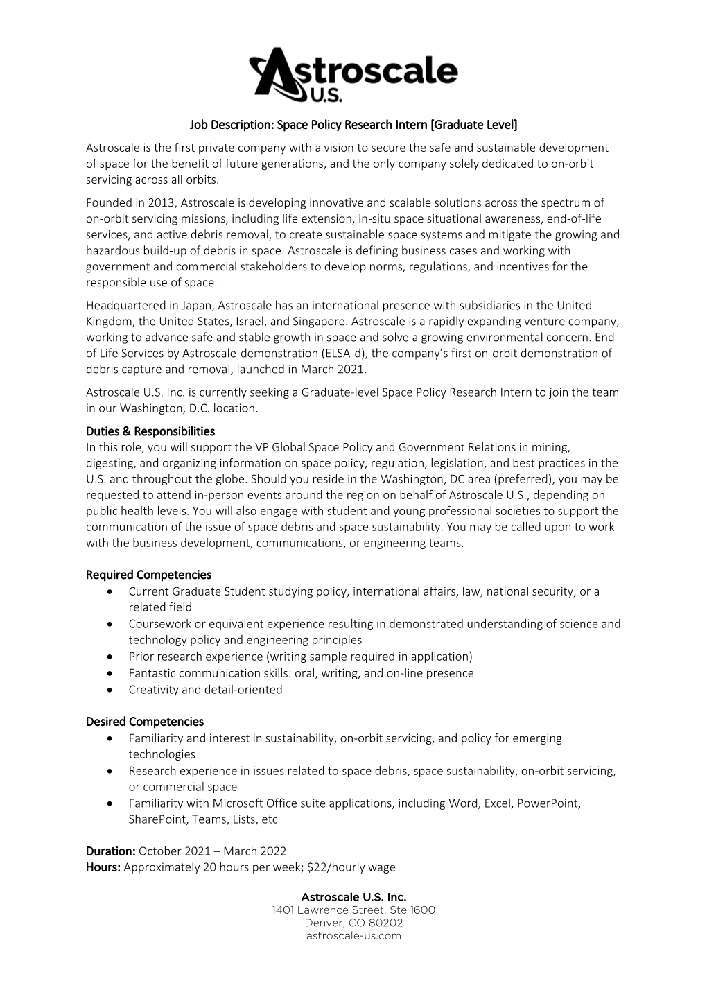 Space Policy Research Intern [Graduate Level]