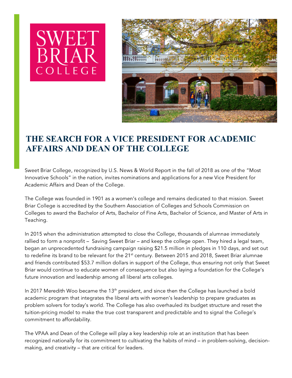 The Search for a Vice President for Academic Affairs and Dean of the College