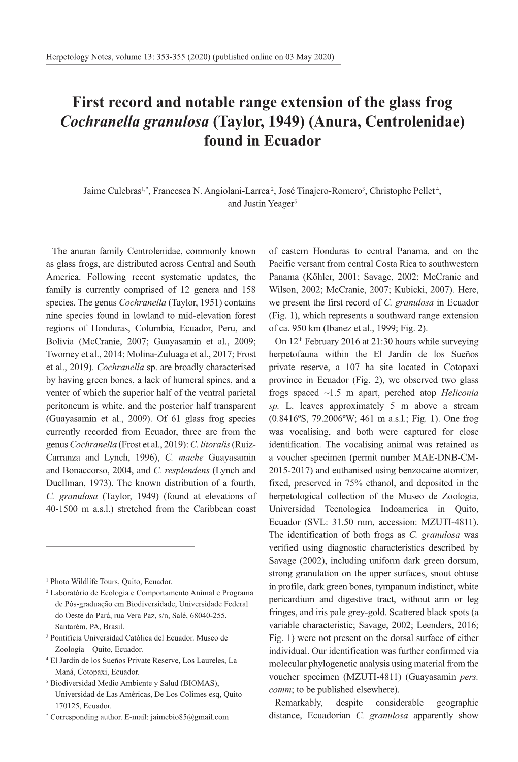First Record and Notable Range Extension of the Glass Frog Cochranella Granulosa (Taylor, 1949) (Anura, Centrolenidae) Found in Ecuador