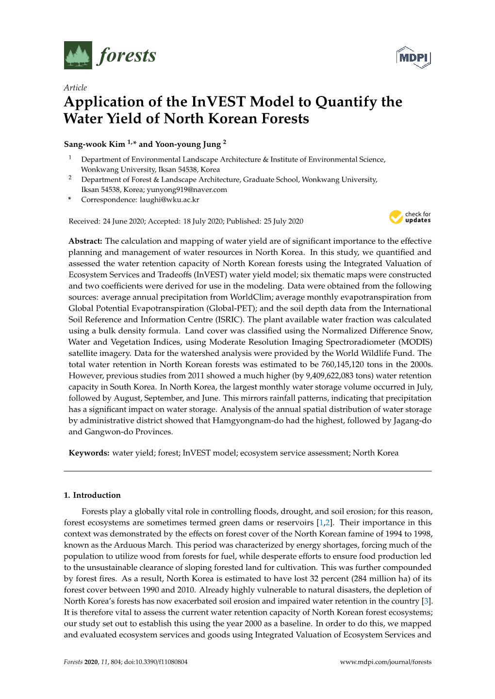 Application of the Invest Model to Quantify the Water Yield of North Korean Forests