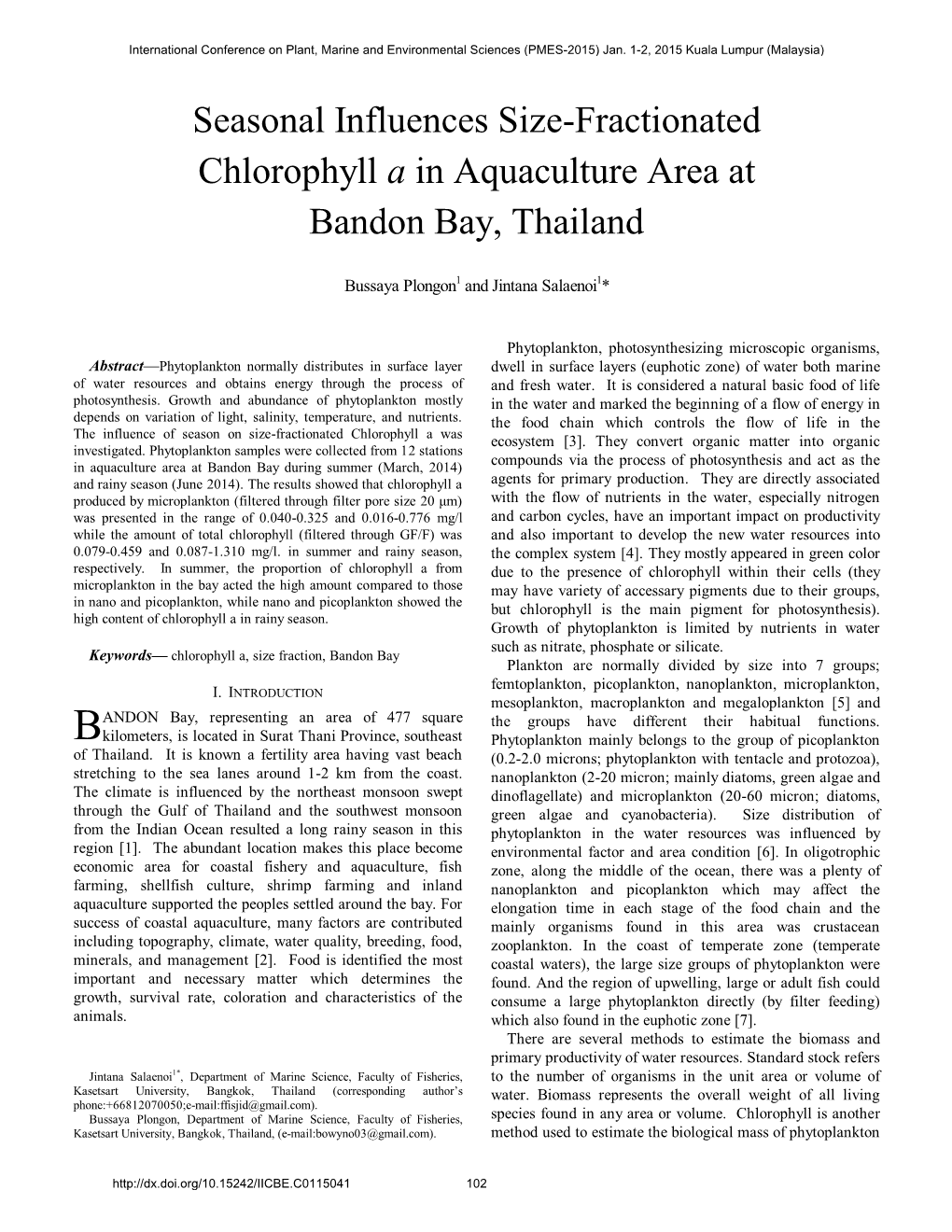 Seasonal Influences Size-Fractionated Chlorophyll a in Aquaculture Area at Bandon Bay, Thailand