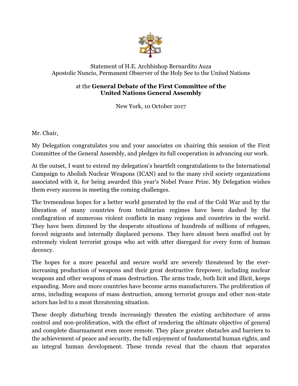 Statement of H.E. Archbishop Bernardito Auza Apostolic Nuncio, Permanent Observer of the Holy See to the United Nations