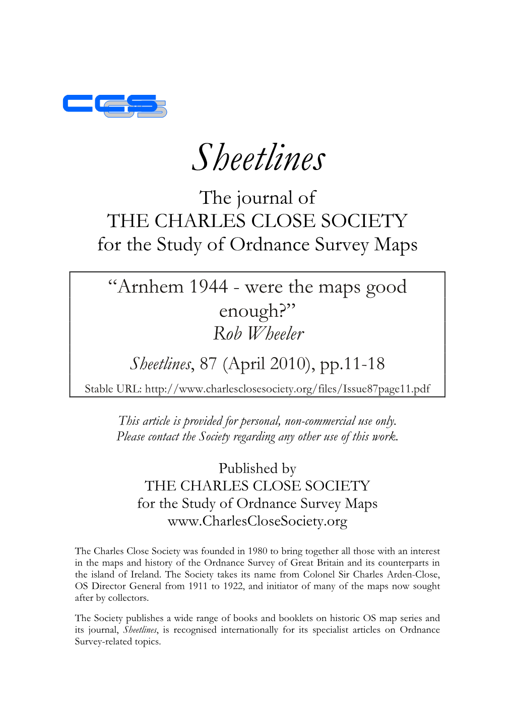 “Arnhem 1944 - Were the Maps Good Enough?” Rob Wheeler Sheetlines, 87 (April 2010), Pp.11-18 Stable URL