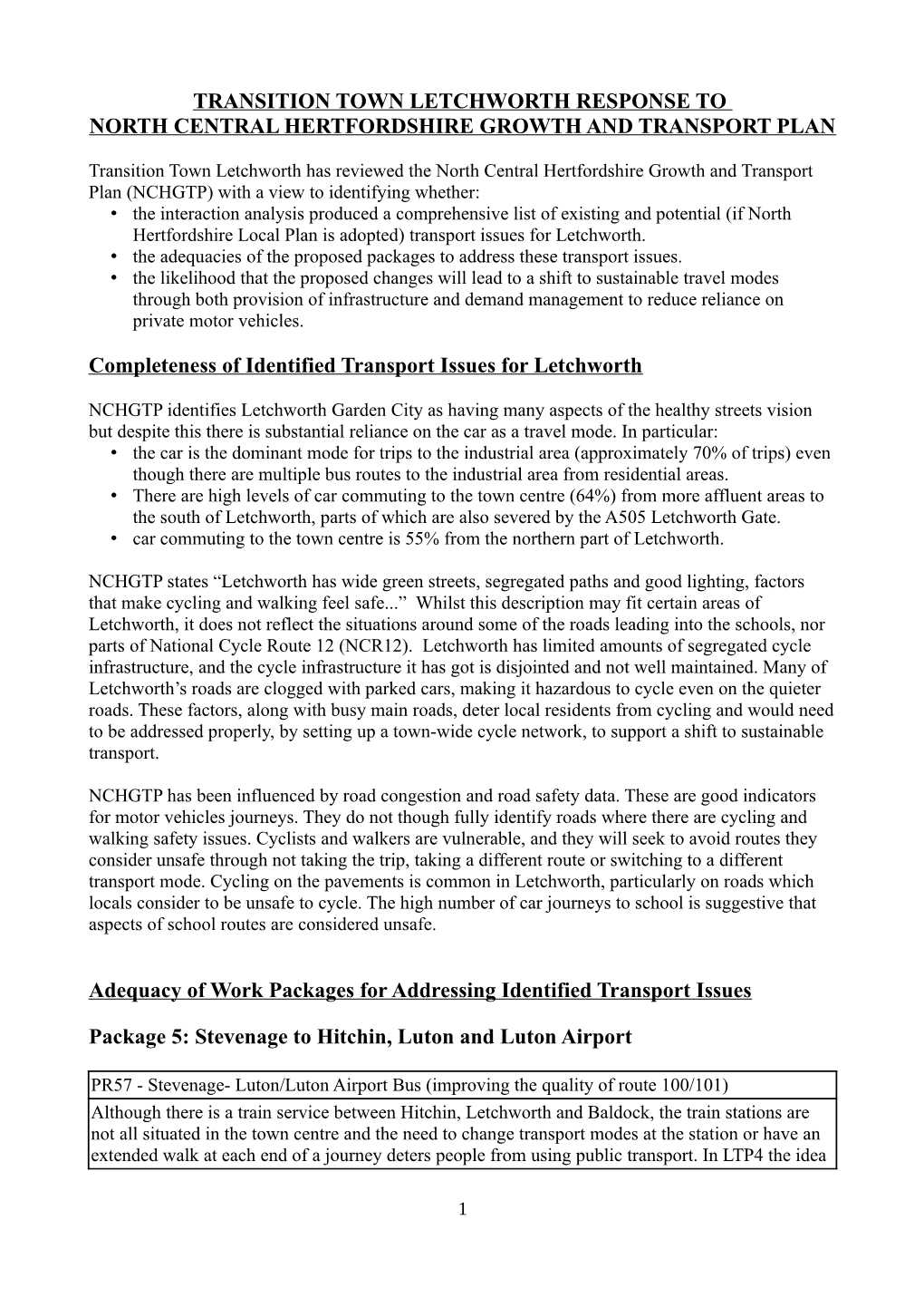 Transition Town Letchworth Response to North Central Hertfordshire Growth and Transport Plan
