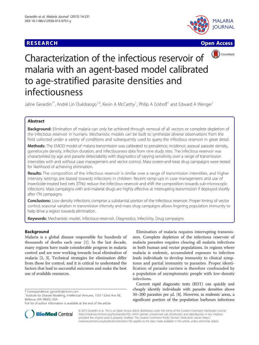 Characterization of the Infectious Reservoir of Malaria with an Agent