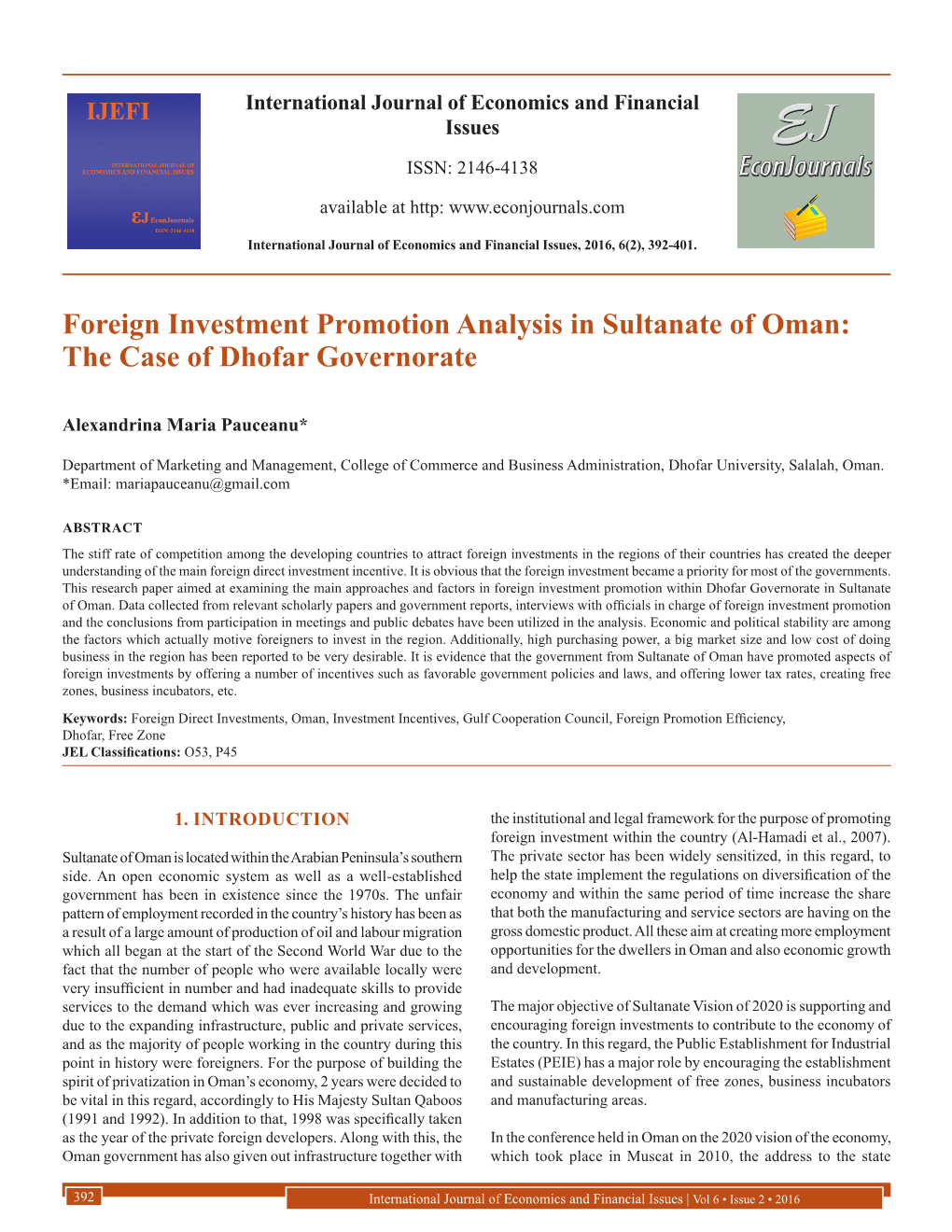 Foreign Investment Promotion Analysis in Sultanate of Oman: the Case of Dhofar Governorate