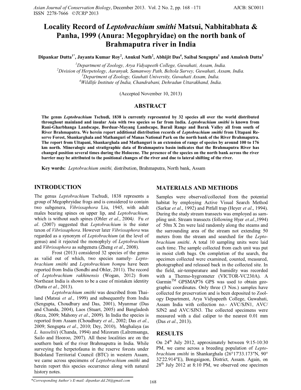 Locality Record of Leptobrachium Smithi Matsui, Nabhitabhata & Panha, 1999 (Anura: Megophryidae) on the North Bank of Brahmaputra River in India