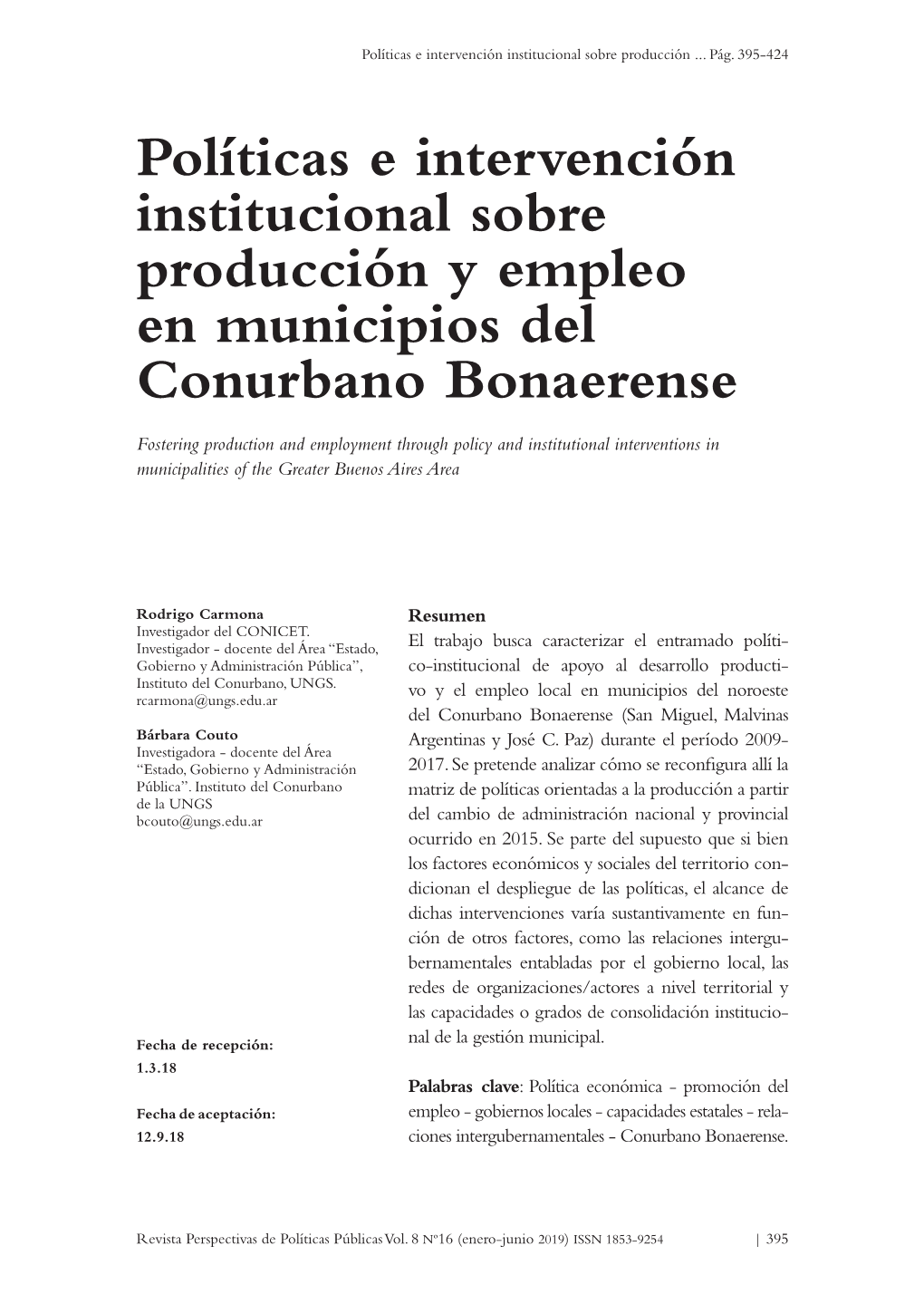 Políticas E Intervención Institucional Sobre Producción Y Empleo En Municipios Del Conurbano Bonaerense