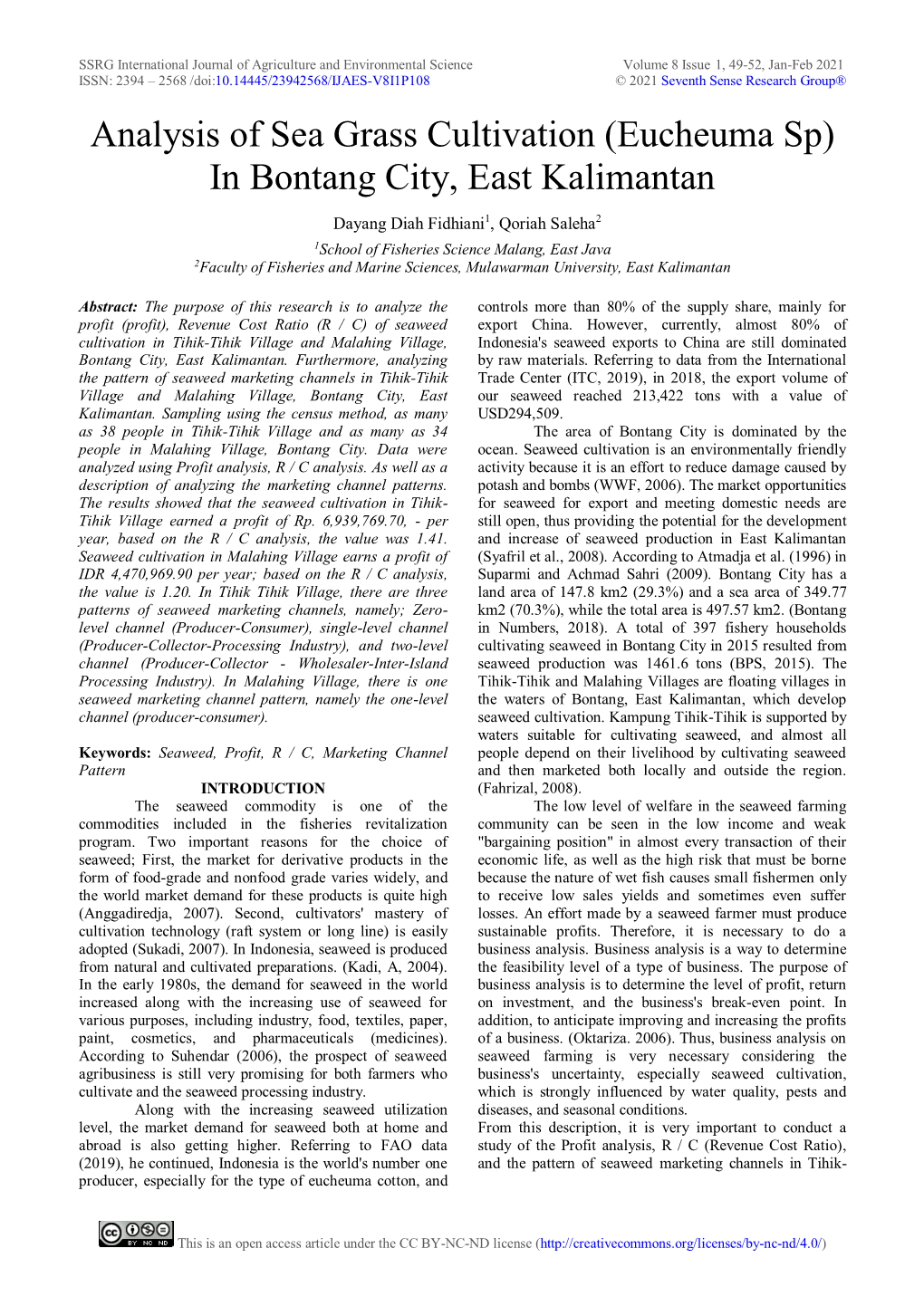 Analysis of Sea Grass Cultivation (Eucheuma Sp) in Bontang City, East Kalimantan