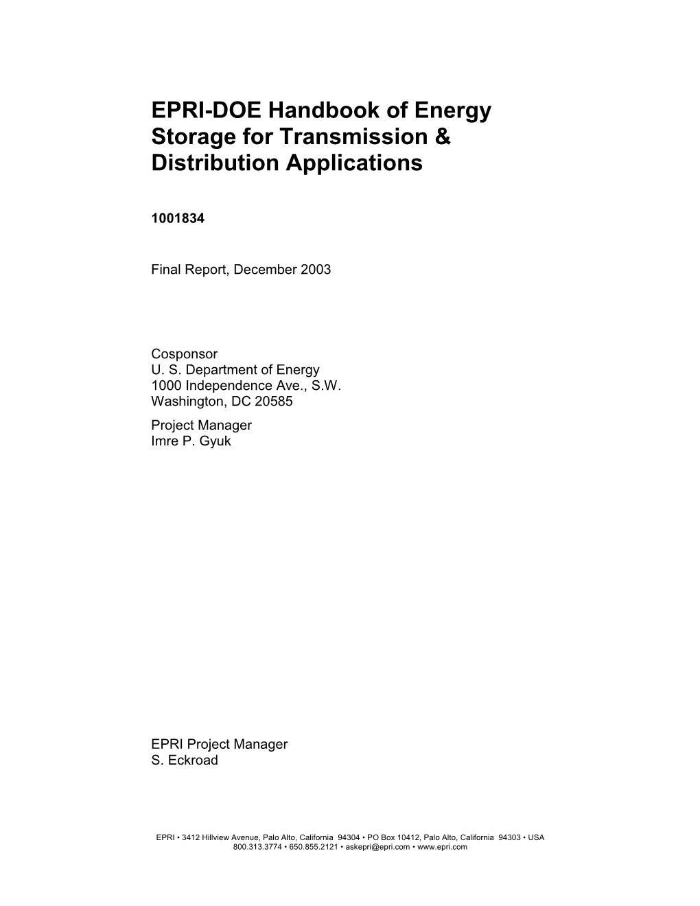 EPRI-DOE Handbook of Energy Storage for Transmission & Distribution Applications