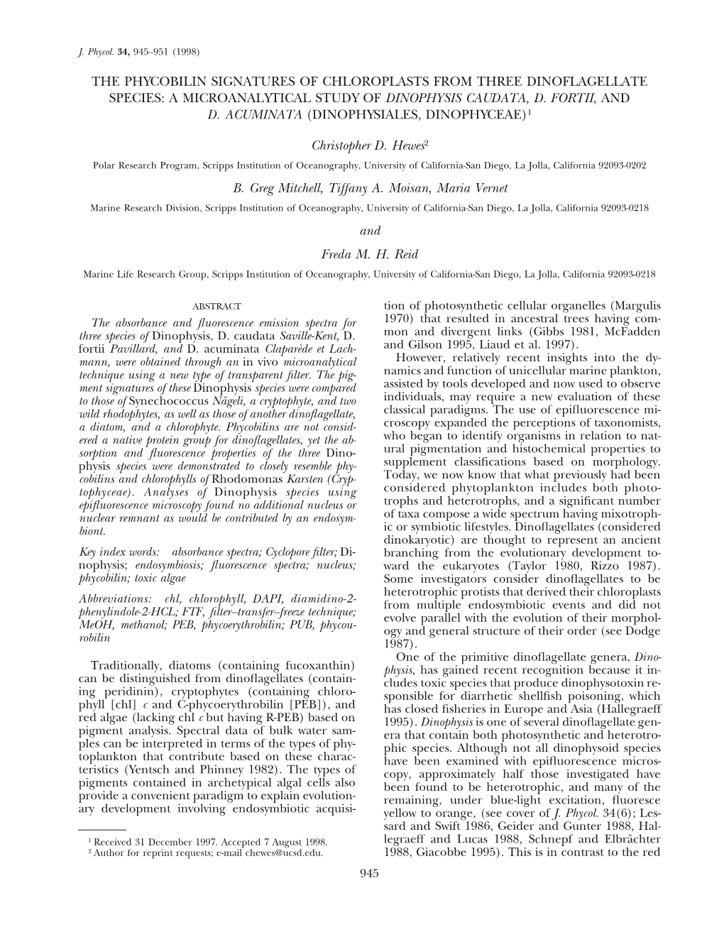 The Phycobilin Signatures of Chloroplasts from Three Dinoflagellate Species: a Microanalytical Study of Dinophysis Caudata, D