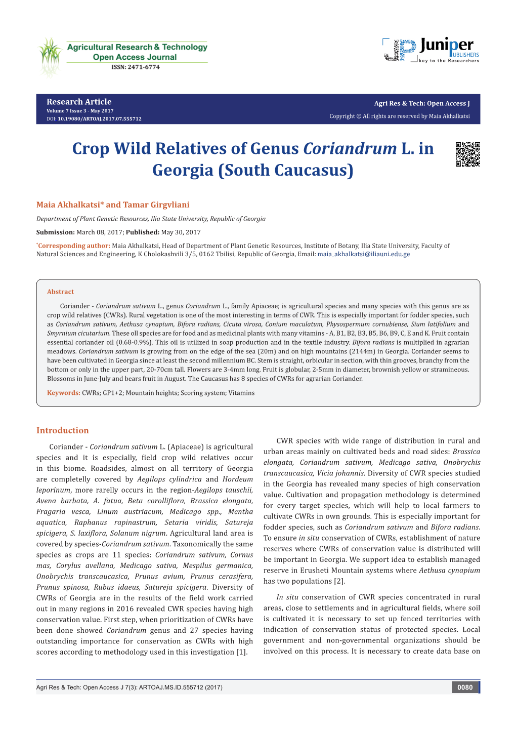 Crop Wild Relatives of Genus Coriandrum L