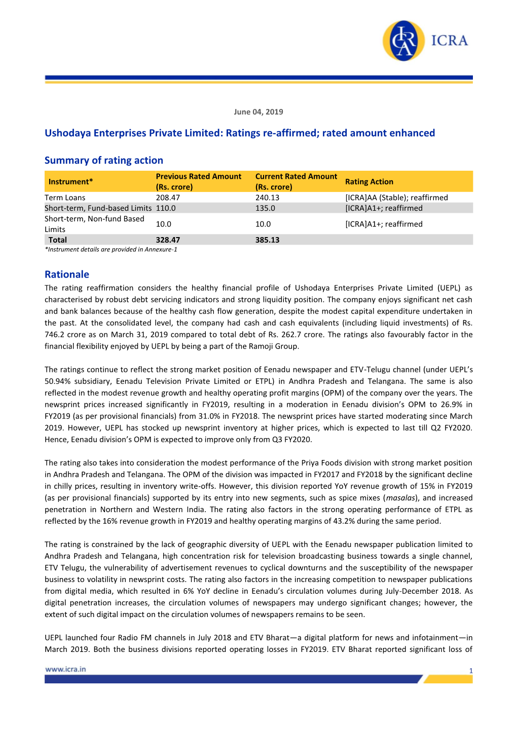 Ushodaya Enterprises Private Limited: Ratings Re-Affirmed; Rated Amount Enhanced