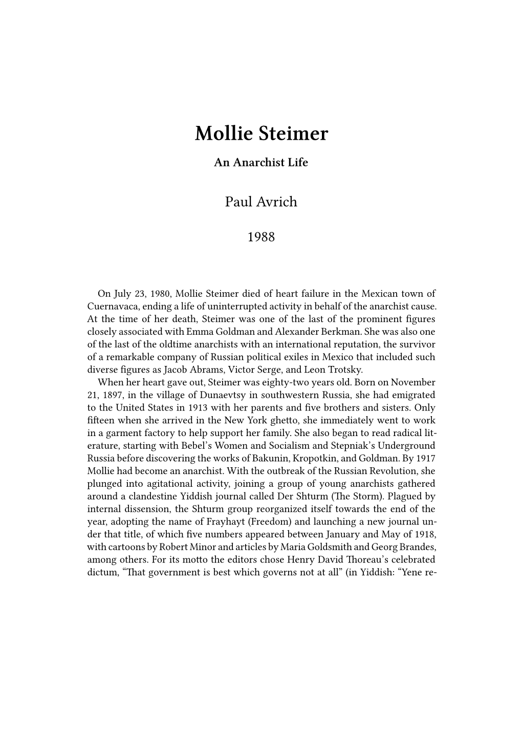 Mollie Steimer an Anarchist Life