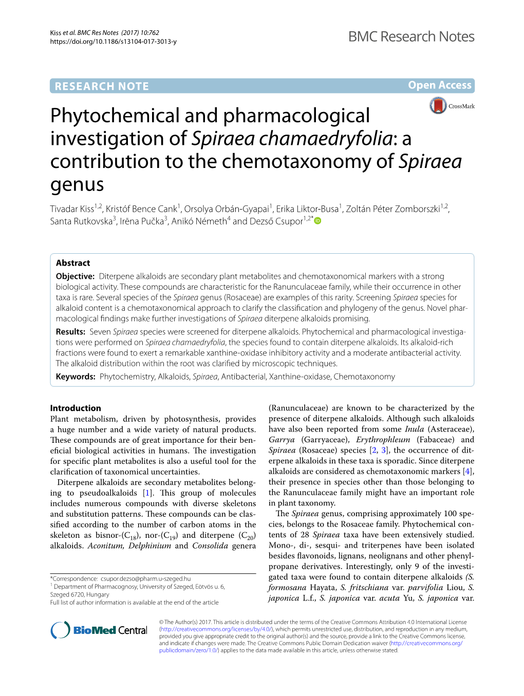 Phytochemical and Pharmacological Investigation of Spiraea
