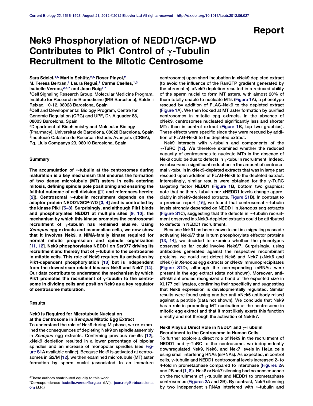 Nek9 Phosphorylation of NEDD1/GCP-WD Contributes to Plk1 Control of &Gamma;-Tubulin Recruitment to the Mitotic Centrosome