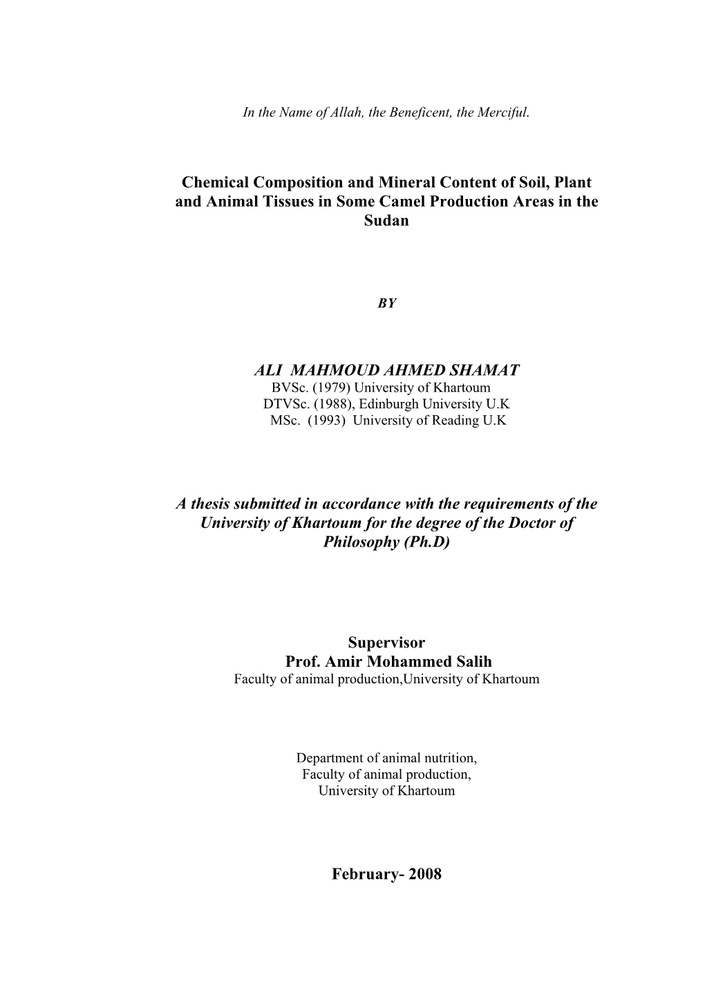 Chemical Composition and Mineral Content of Soil, Plant and Animal Tissues in Some Camel Production Areas in the Sudan