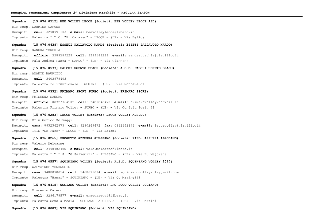 Recapiti Formazioni Campionato 2^ Divisione Maschile - REGULAR SEASON