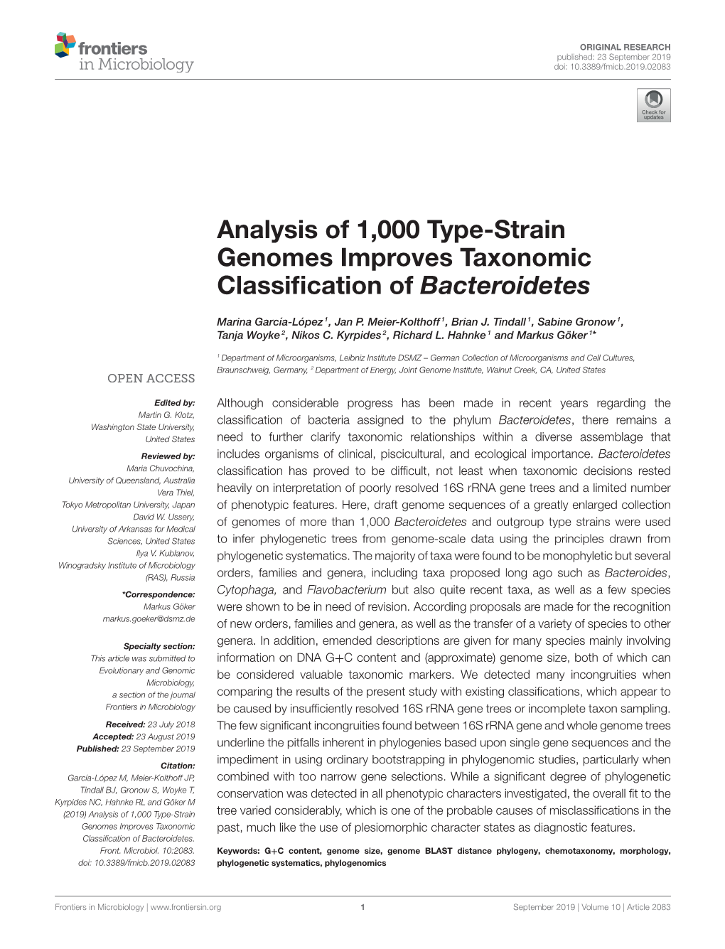 Analysis of 1,000 Type-Strain Genomes Improves Taxonomic Classiﬁcation of Bacteroidetes