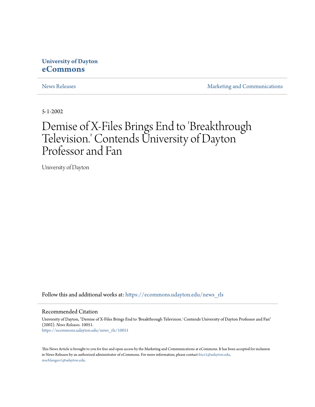 Breakthrough Television.' Contends University of Dayton Professor and Fan University of Dayton