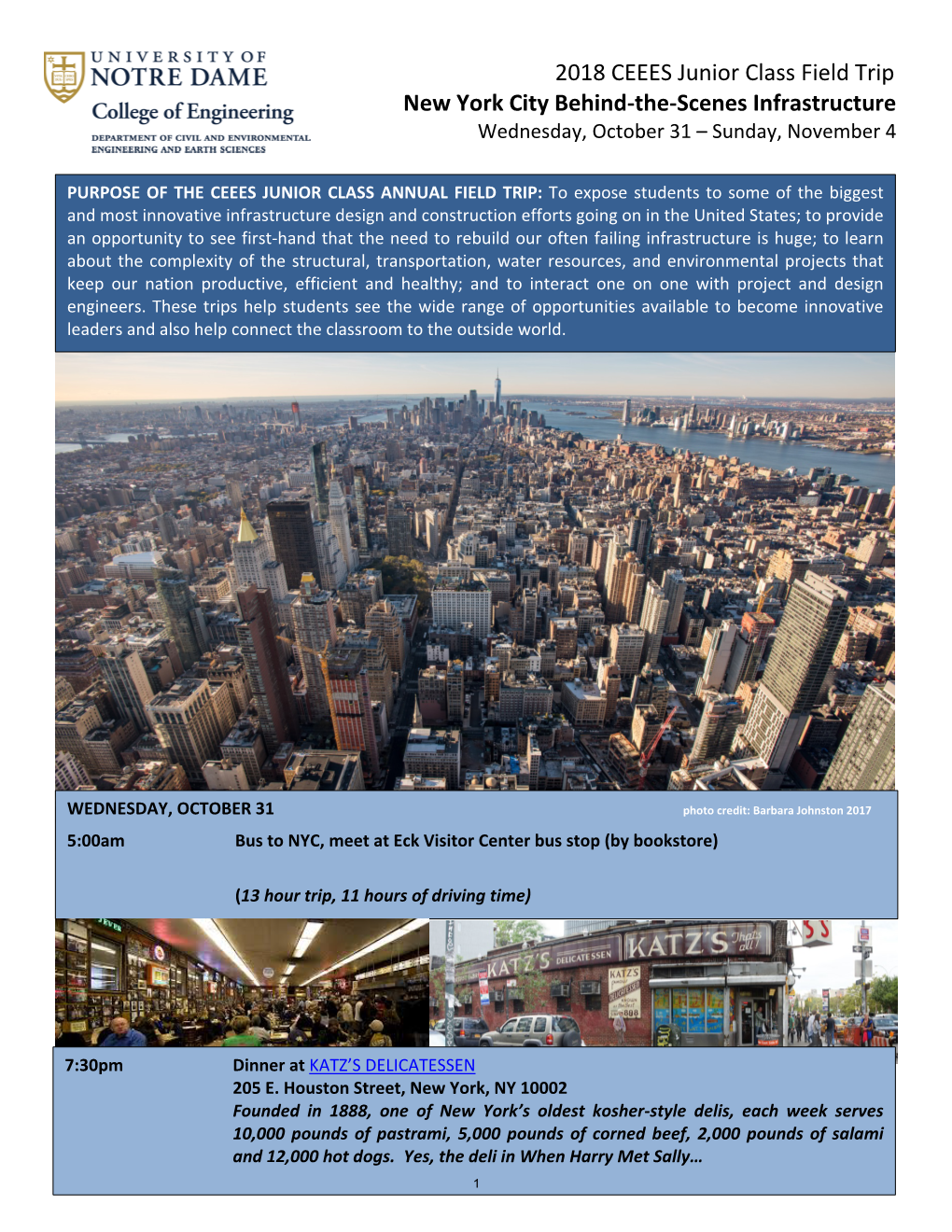 2018 CEEES Junior Class Field Trip New York City Behind-The-Scenes Infrastructure Wednesday, October 31 – Sunday, November 4