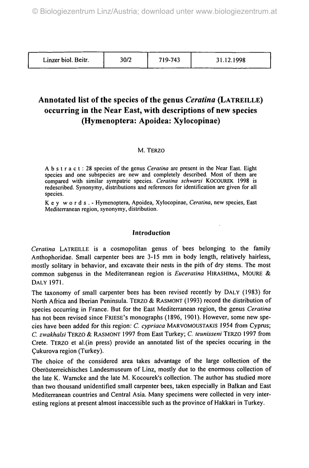 Annotated List of the Species of the Genus Ceratina (LATREILLE) Occurring in the Near East, with Descriptions of New Species (Hymenoptera: Apoidea: Xylocopinae)