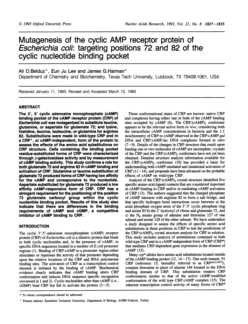 Mutagenesis of the Cyclic AMP Receptor Protein of Cyclic Nucleotide