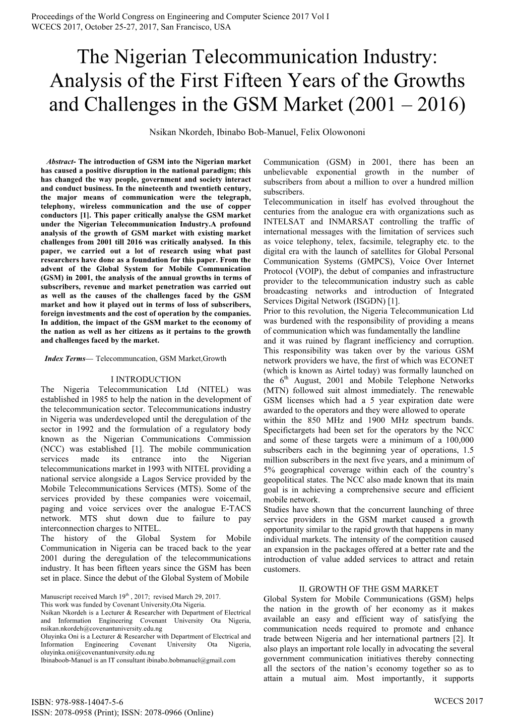 The Nigerian Telecommunication Industry: Analysis of the First Fifteen Years of the Growths and Challenges in the GSM Market (2001 – 2016)