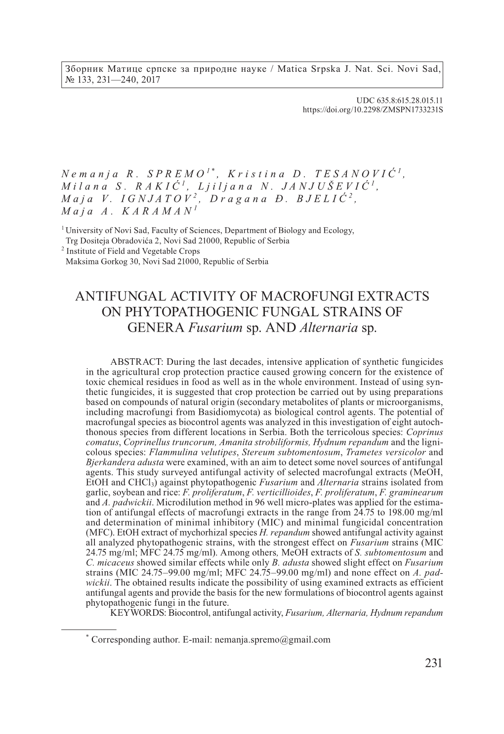 ANTIFUNGAL ACTIVITY of MACROFUNGI EXTRACTS on PHYTOPATHOGENIC FUNGAL STRAINS of GENERA Fusarium Sp